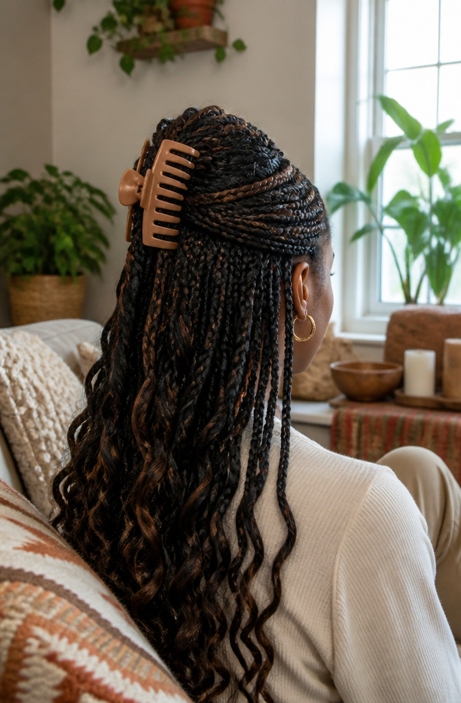 17 Half Up Half Down Hairstyles Claw Clip Ideas for 2026 14 Woman with protective braids in a half-up half-down style.