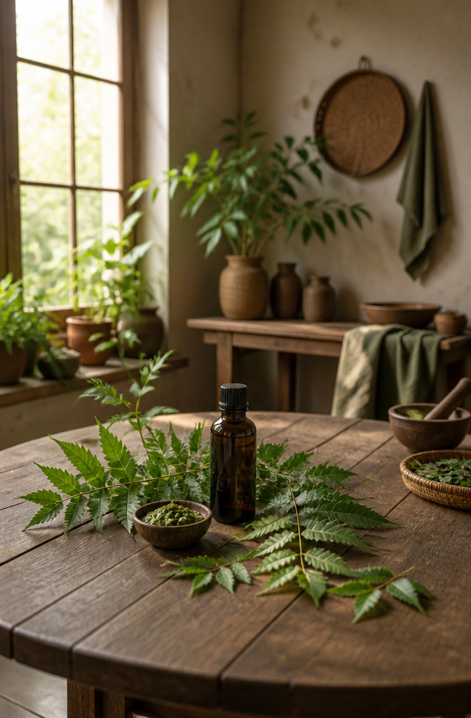 A bottle of neem oil surrounded by neem leaves.