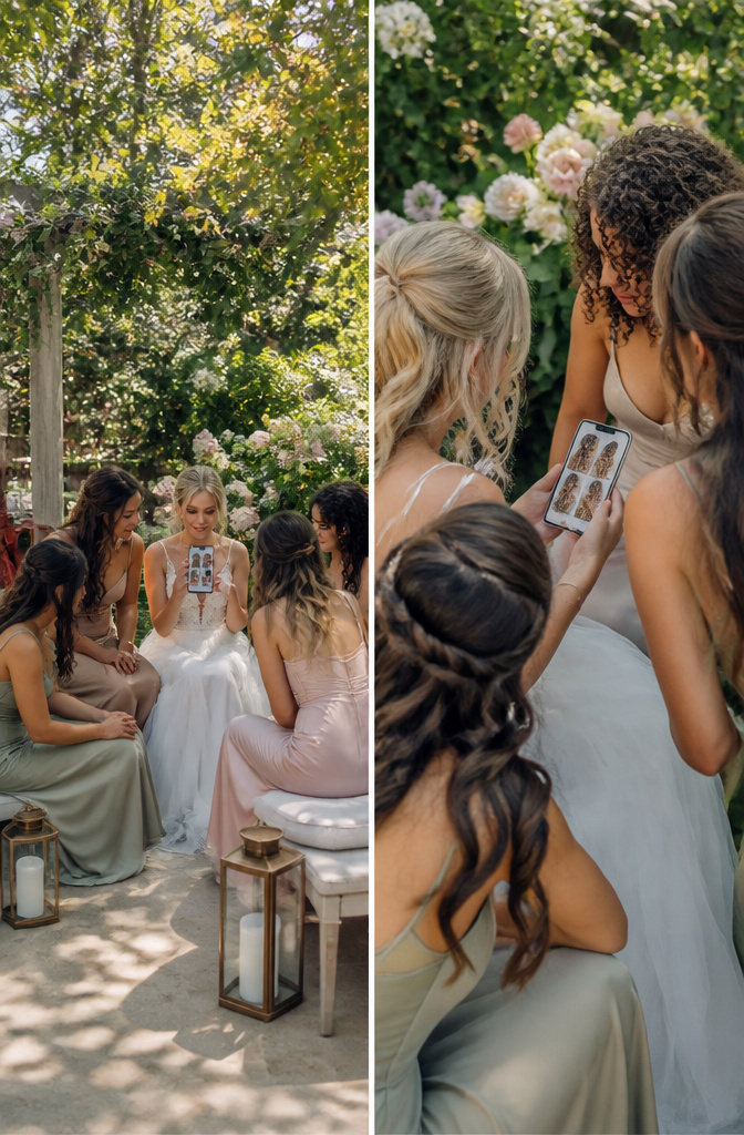 12 Bridesmaid Hairdo Ideas for 2026: Updos, Braids, Waves & More 15 Bridesmaid showing hairstyle inspiration photos to the bride.