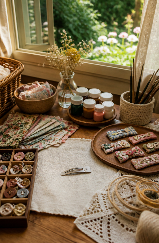 DIY Hair Clips: 12 Ideas for Statement, Bow, Beaded and More 15 Cozy crafting space with vintage buttons and fabric scraps for hair clips.
