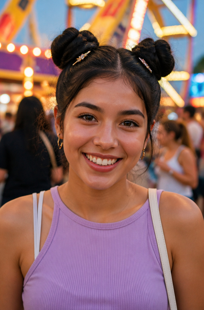 20 Easy Hairstyle Ideas You Can Do in Minutes (2026) 15 A model with high space buns against a carnival backdrop.