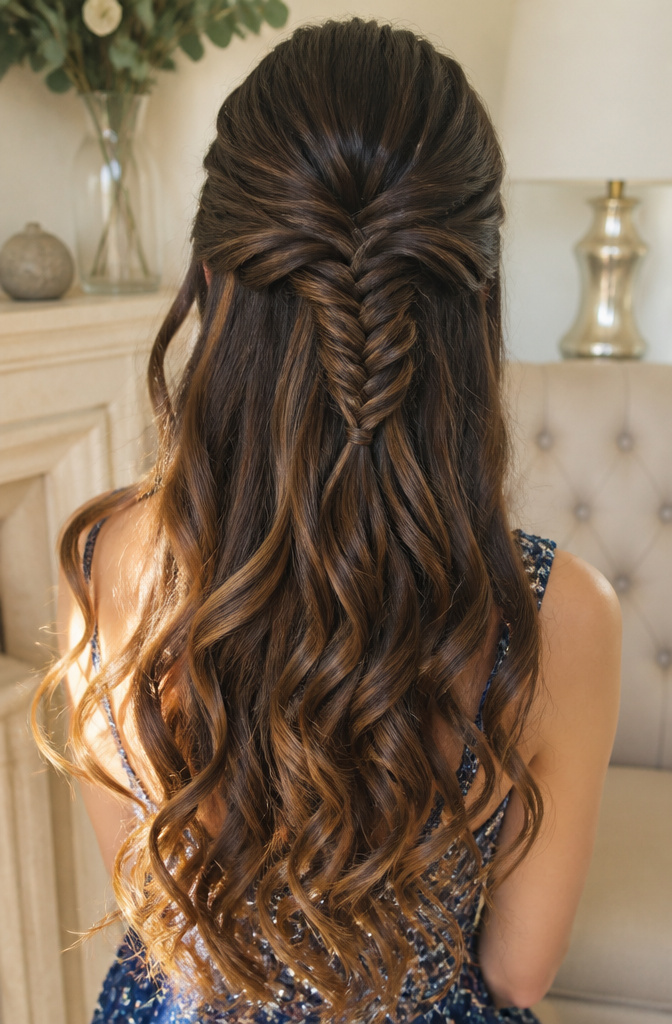 20 Prom Hairstyles for Long Hair: Ideas for 2026 15 A half-up, half-down hairstyle with a fishtail braid detail.
