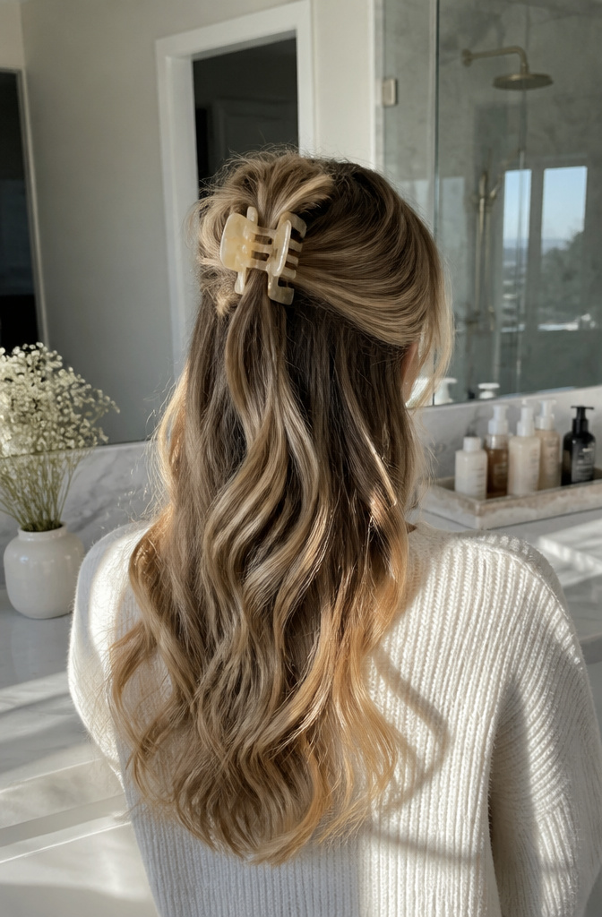 17 Half Up Half Down Hairstyles Claw Clip Ideas for 2026 15 Woman demonstrating a voluminous half-up half-down hairstyle.