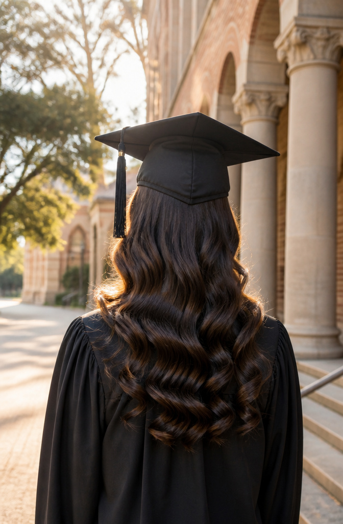 20 Down Hairstyles for Graduation That Work with a Cap 15 Graduate with retro waves styled elegantly beneath her mortarboard cap.