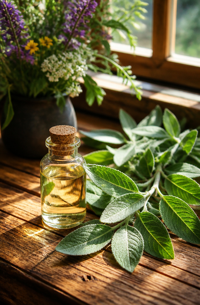 Glass bottle of sage oil next to fresh sage leaves on wood.
