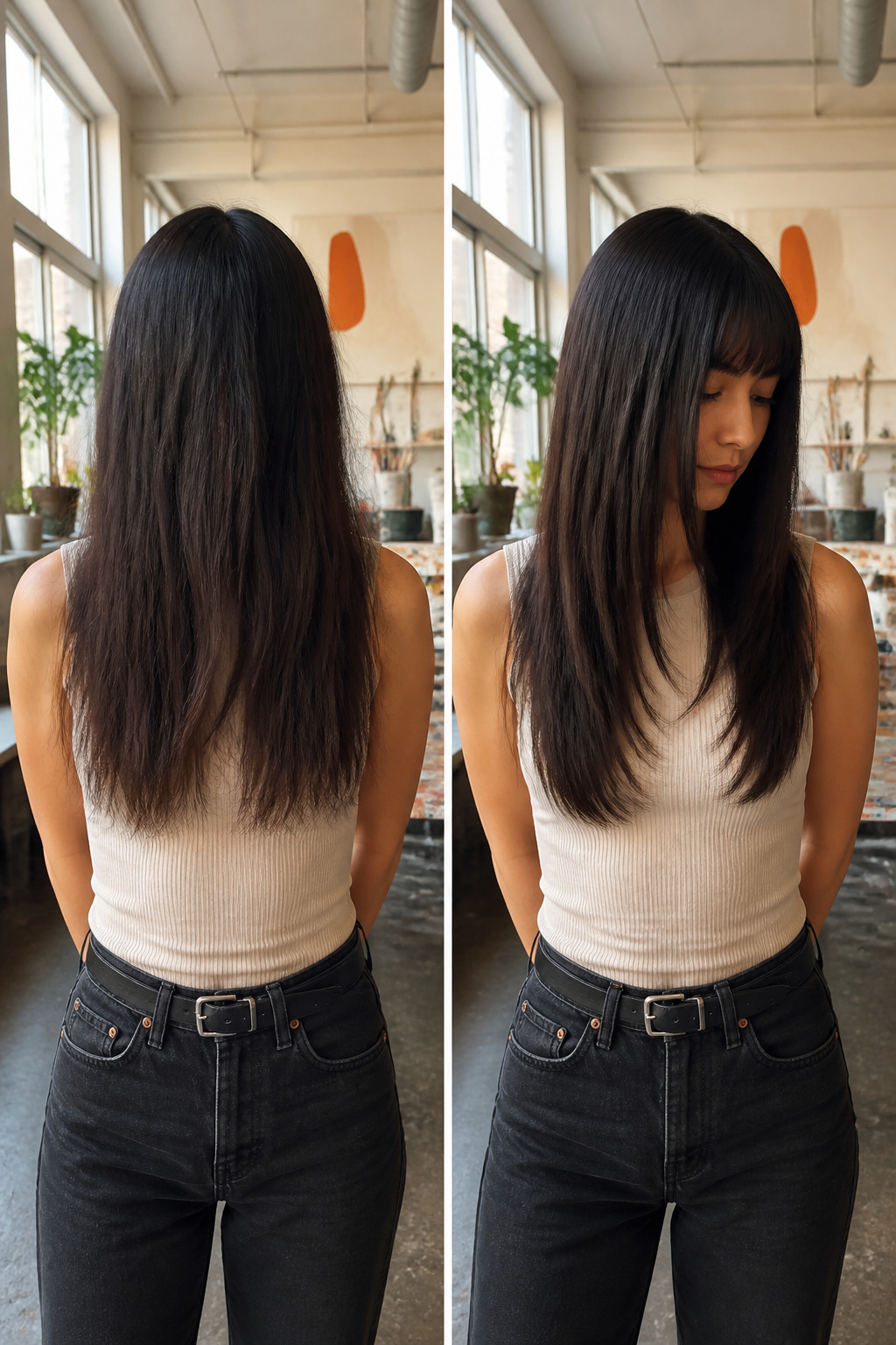 19 Trending Long Layered Hair with Bangs Styles for 2026 16 Model with long straight layers and micro bangs.