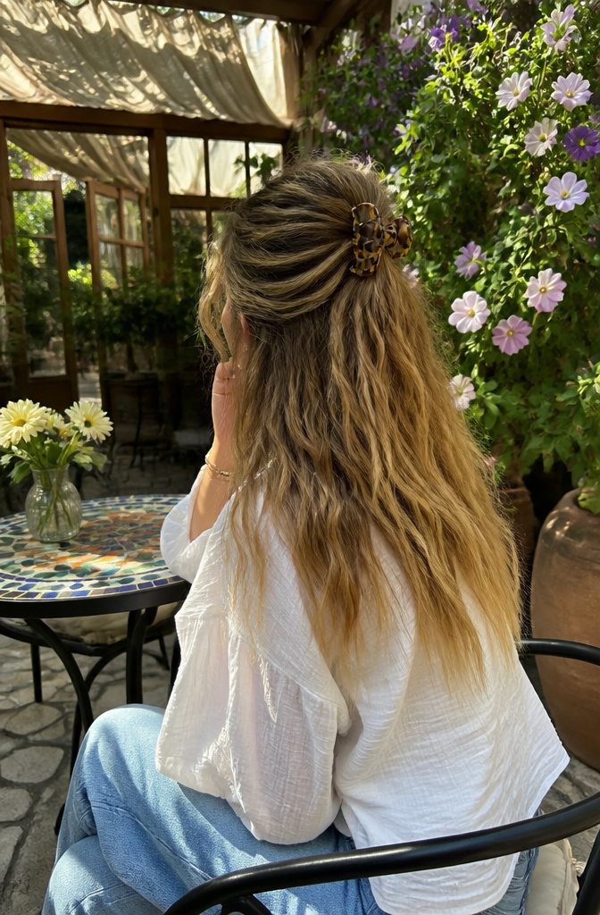 17 Half Up Half Down Hairstyles Claw Clip Ideas for 2026 16 Woman with wavy hair styled half-up half-down.