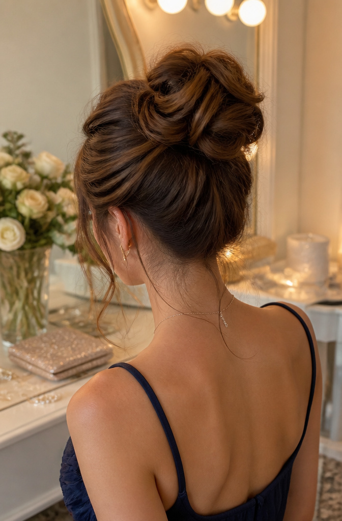20 Prom Hairstyles for Long Hair: Ideas for 2026 16 A voluminous bun hairstyle with loose strands framing the face.