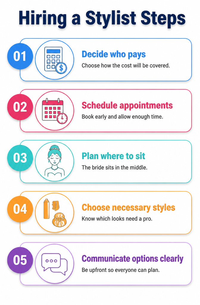 12 Bridesmaid Hairdo Ideas for 2026: Updos, Braids, Waves & More 16 Image detailing steps for hiring a professional stylist.
