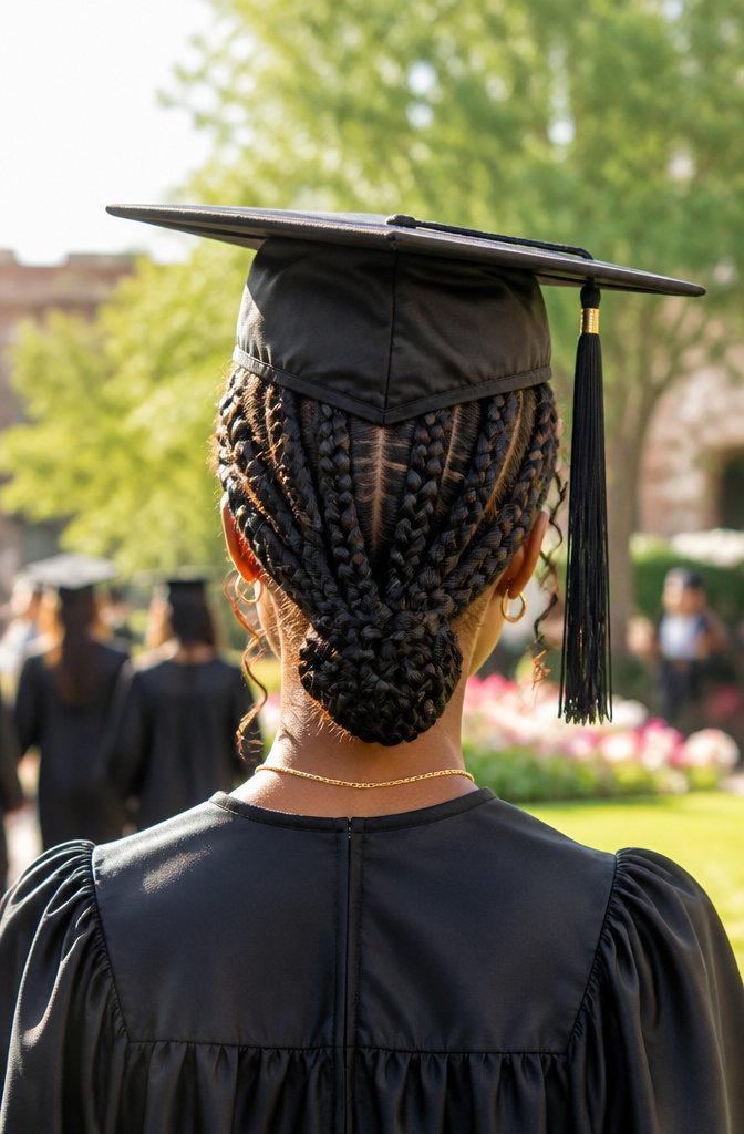 20 Down Hairstyles for Graduation That Work with a Cap 16 Graduate showcasing large goddess braids styled for graduation.