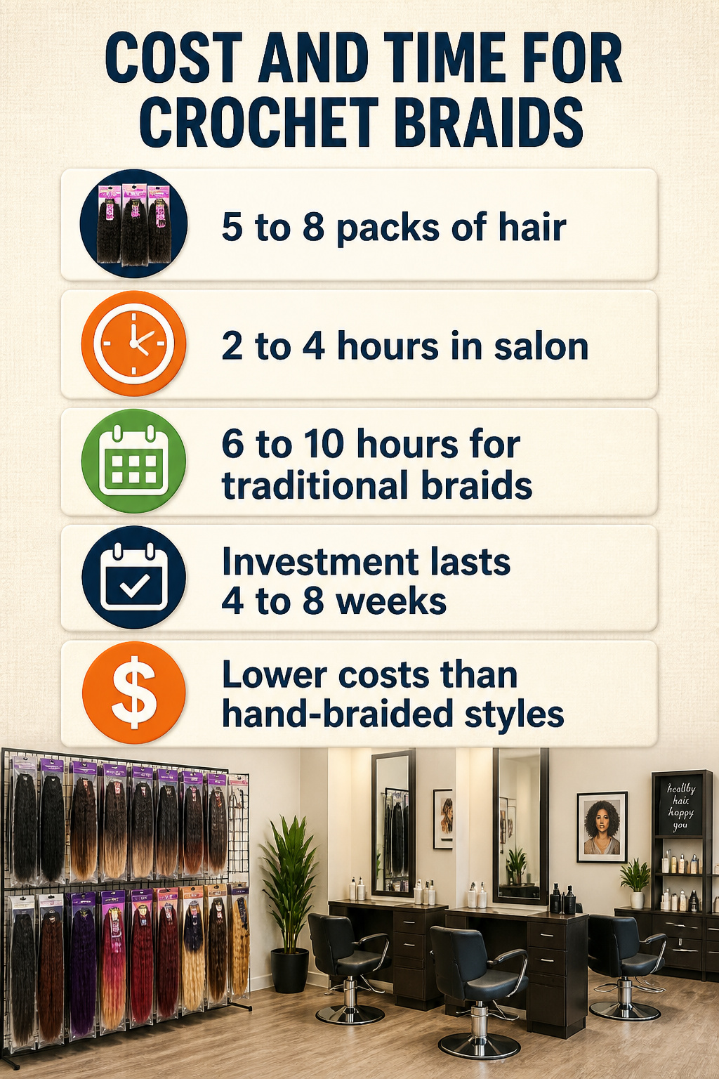 15 Crochet Braids Styles for 2026: From Box Braids to Butterfly Locs 16 Graphic showing cost and time details for crochet braids.
