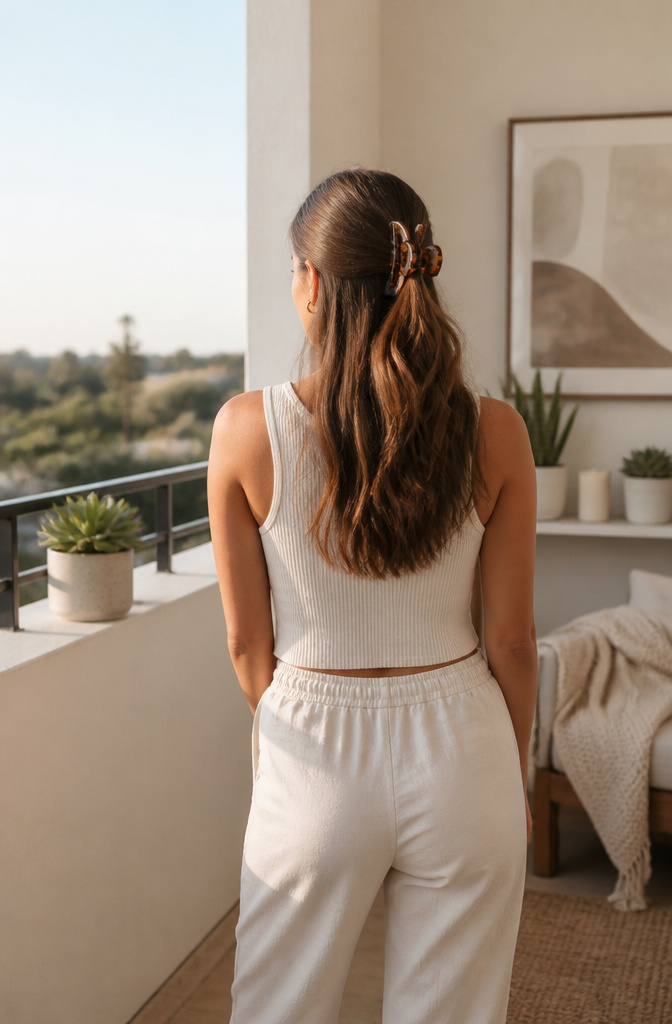 17 Half Up Half Down Hairstyles Claw Clip Ideas for 2026 17 Woman with a half-up half-down hairstyle featuring a center part.