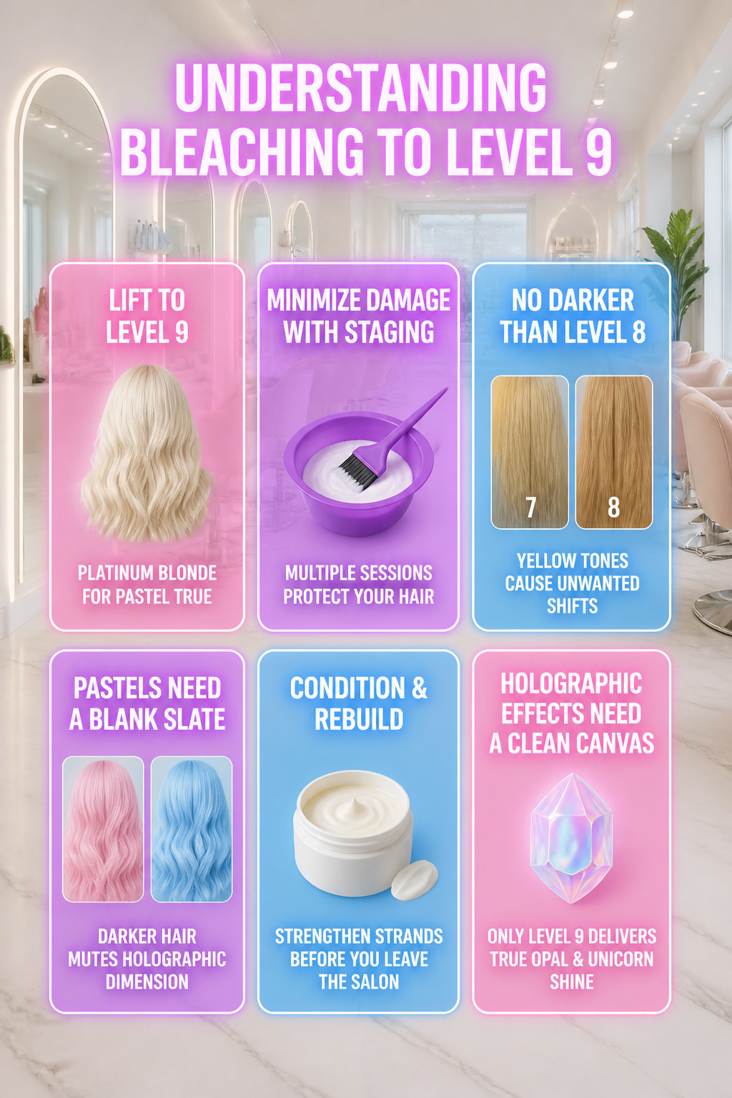 Best Holographic Hair Ideas: Colors, Styles and Techniques for 2026 17 Information graphic about bleaching hair to level 9.