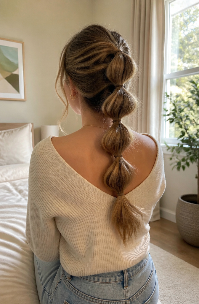 20 Pretty Hairstyles with Braids for 2026 17 Woman with a pull-through braid styled in a contemporary bedroom.