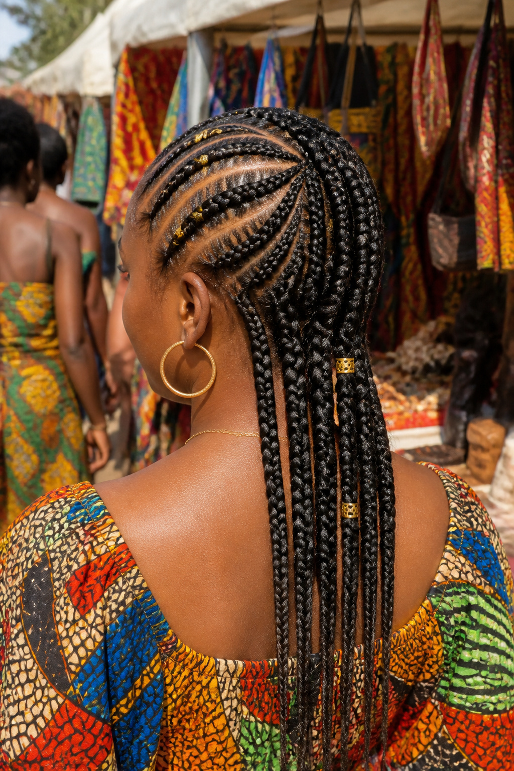 A woman proudly displaying her braided hairstyle at a cultural festival.