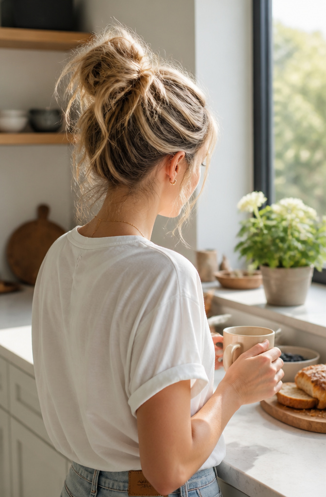 20 Easy Hairstyle Ideas You Can Do in Minutes (2026) 18 A model with a tousled messy high ponytail in a kitchen.