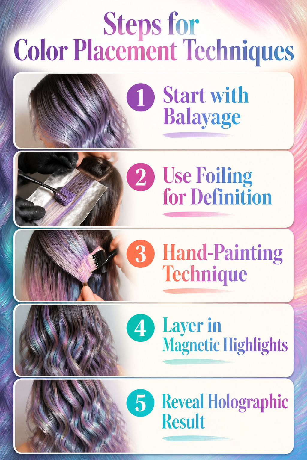 Best Holographic Hair Ideas: Colors, Styles and Techniques for 2026 18 Information graphic illustrating color placement techniques for hair.