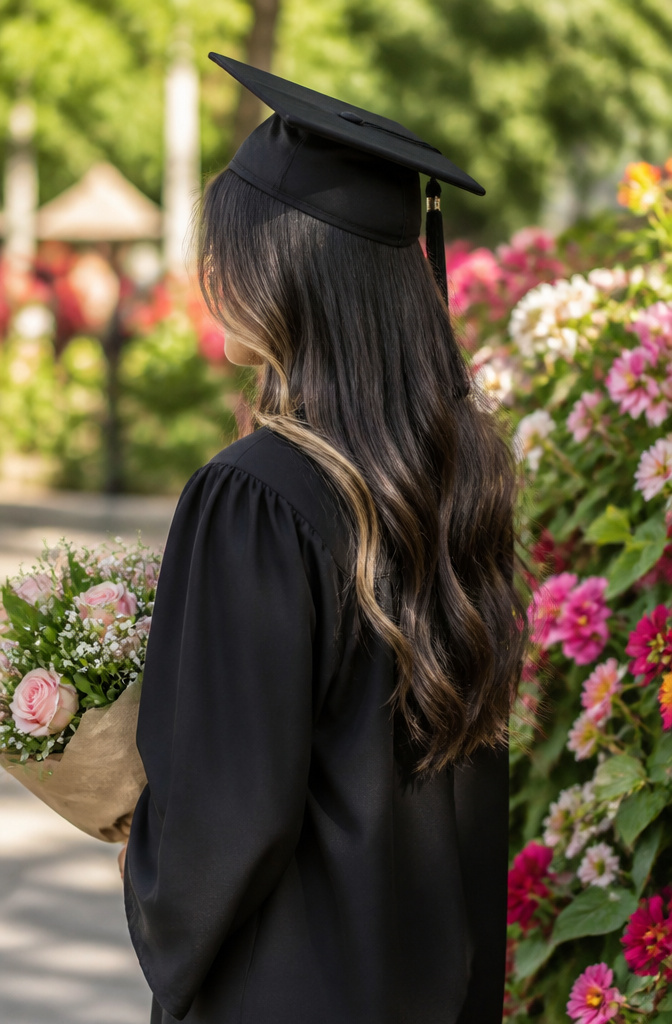 20 Down Hairstyles for Graduation That Work with a Cap 18 Graduate with a middle part showcasing captivating highlights.