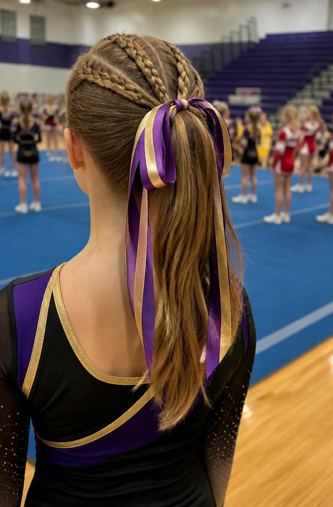 18 Cheer Hair Styles: Ideas for Every Practice and Competition 18 A cheerleader with ribbon accents in her hair during practice.