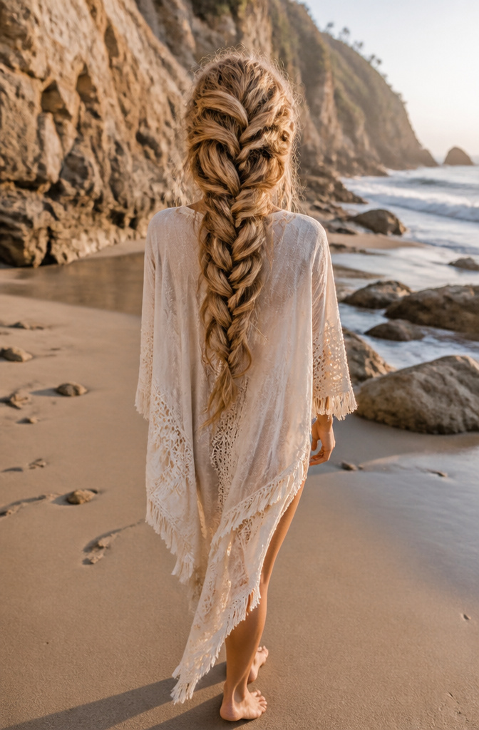 20 Pretty Hairstyles with Braids for 2026 18 Woman with a mermaid braid styled with stacked ponytail sections.