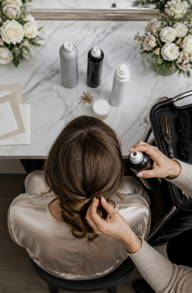 12 Bridesmaid Hairdo Ideas for 2026: Updos, Braids, Waves & More 18 Image showing hair products worth packing for a wedding.