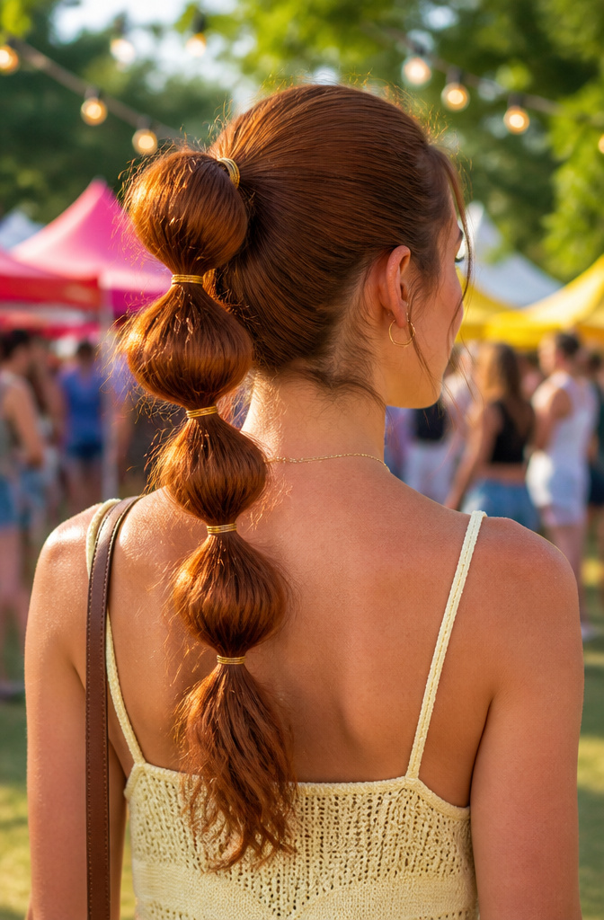 20 Easy Hairstyle Ideas You Can Do in Minutes (2026) 19 A model showcasing a bubble ponytail with spaced elastics.