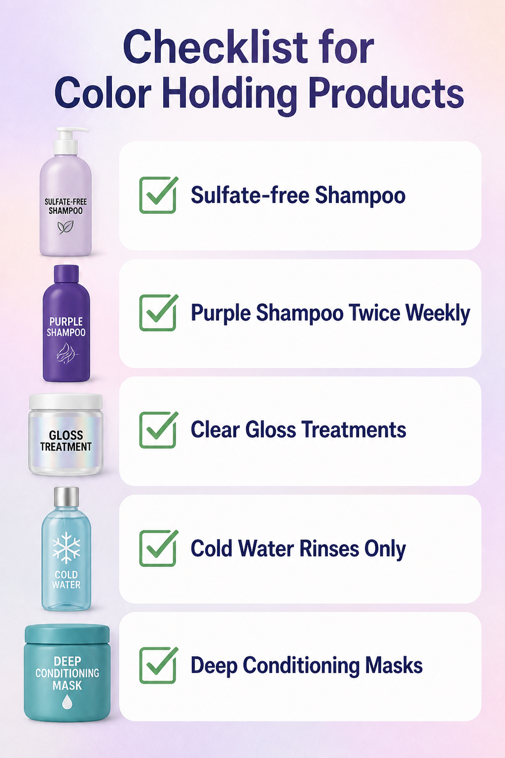 Best Holographic Hair Ideas: Colors, Styles and Techniques for 2026 19 Checklist of products for holding color in hair care.