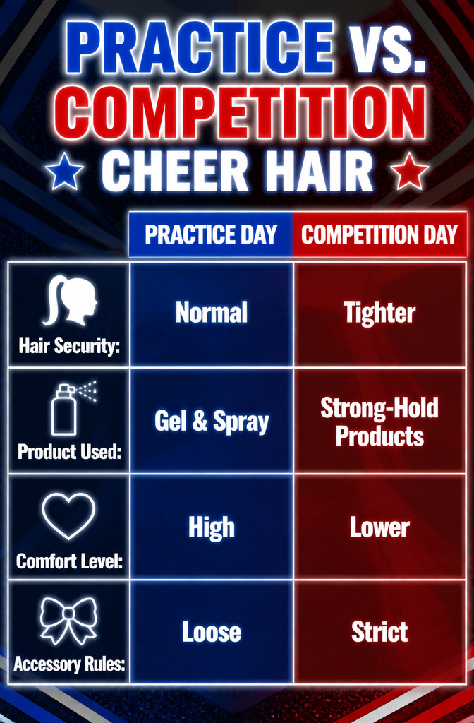18 Cheer Hair Styles: Ideas for Every Practice and Competition 19 An image contrasting practice and competition cheer hairstyles.