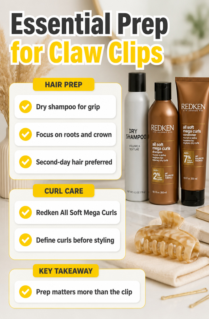 17 Half Up Half Down Hairstyles Claw Clip Ideas for 2026 19 Image showing dry shampoo as essential prep for claw clips.