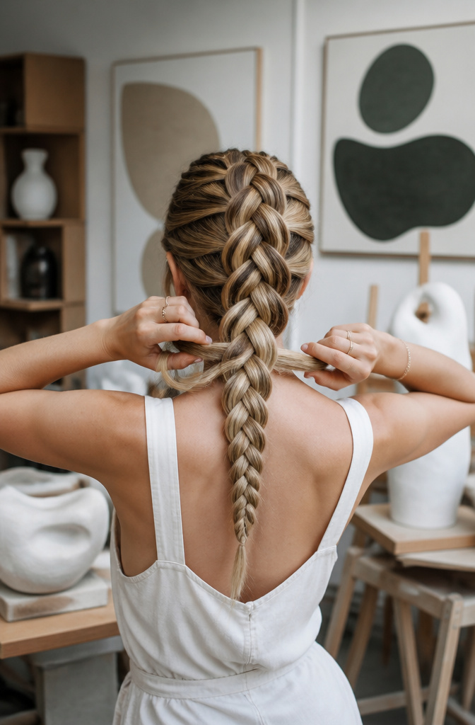 20 Pretty Hairstyles with Braids for 2026 19 Woman with a five-strand braid being styled in an artistic studio.