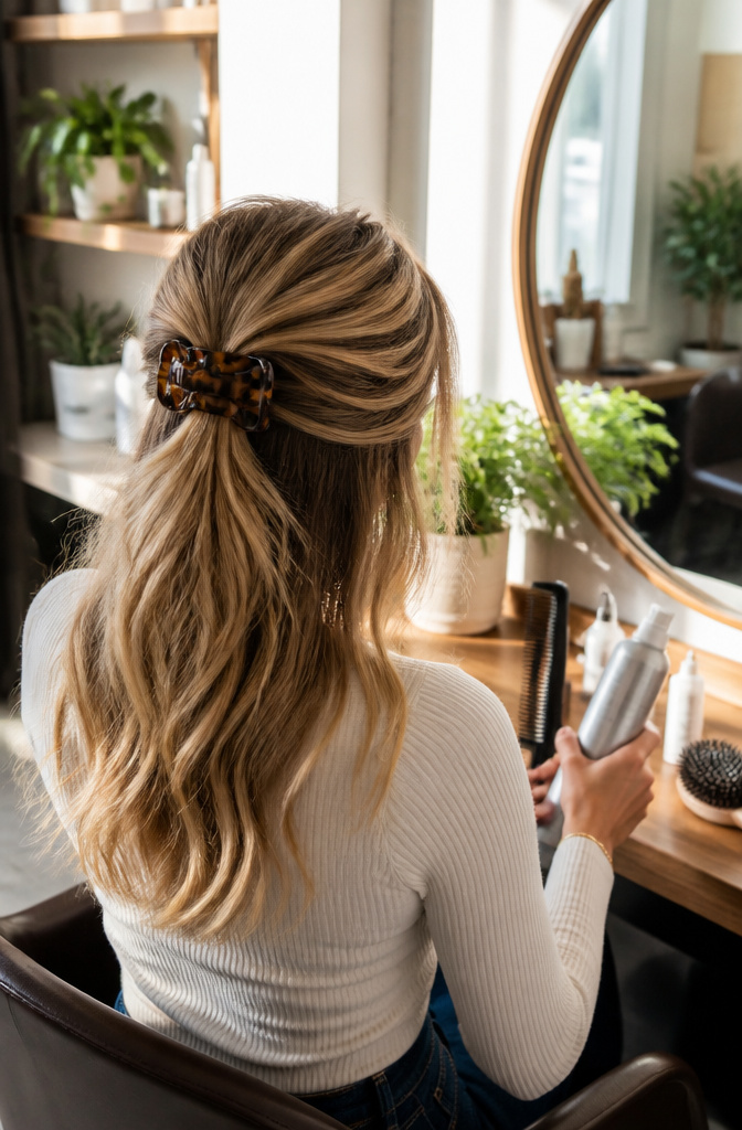 17 Half Up Half Down Hairstyles Claw Clip Ideas for 2026 2 Woman with teased crown hair in a half-up half-down hairstyle.