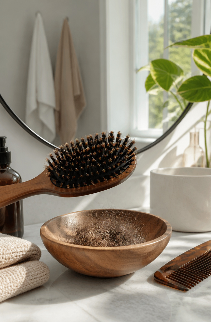 How to Comb Hair: 6 Ways to Style, Detangle, and Protect 2 Boar bristle brush and a bowl of hair debris on a countertop.