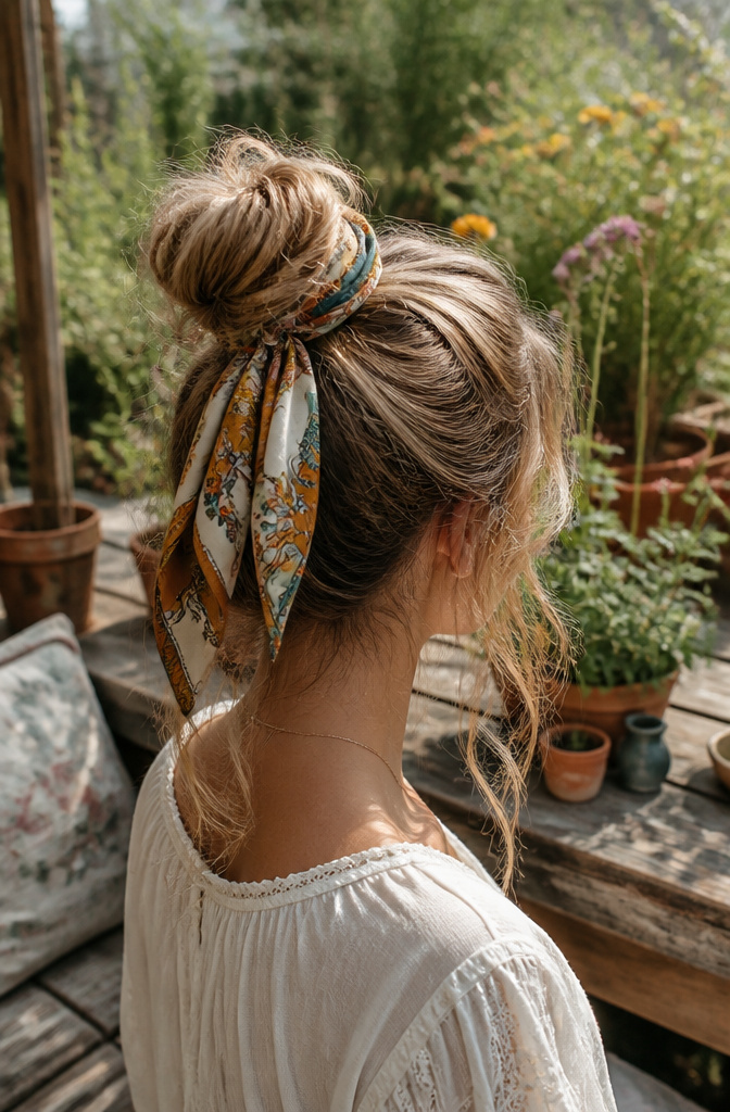 10 Hippie Hairstyles That Defined the 1960s and Still Work in 2026 2 A model with a messy bun surrounded by a sun-drenched garden.
