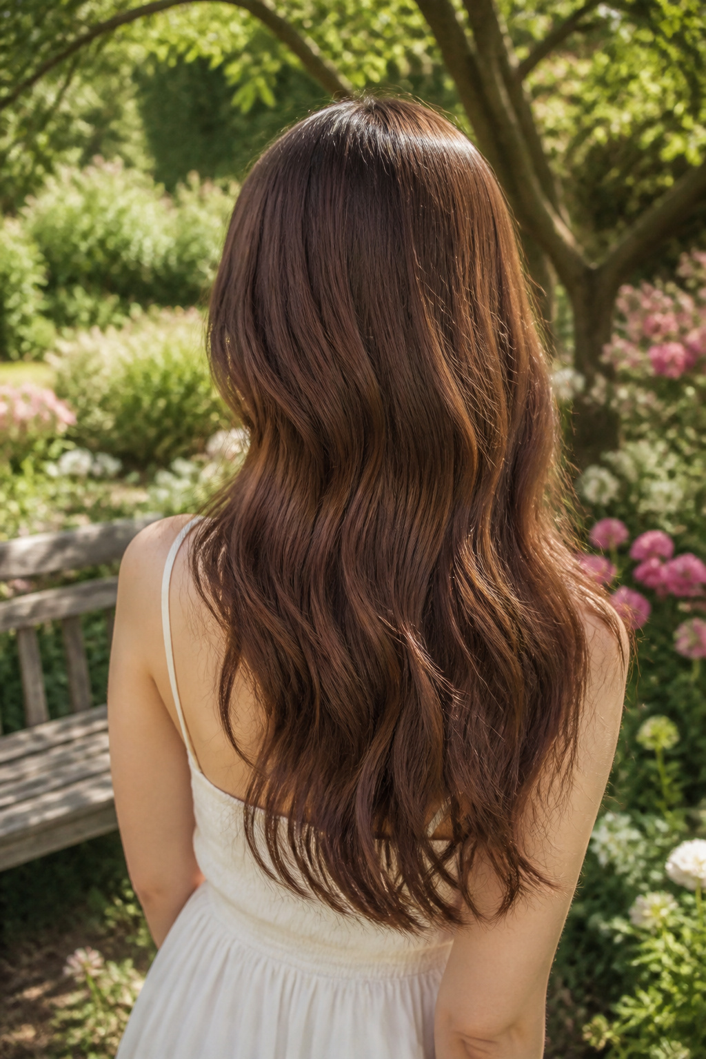 A model with light chocolate brown hair, bright and warm in color.