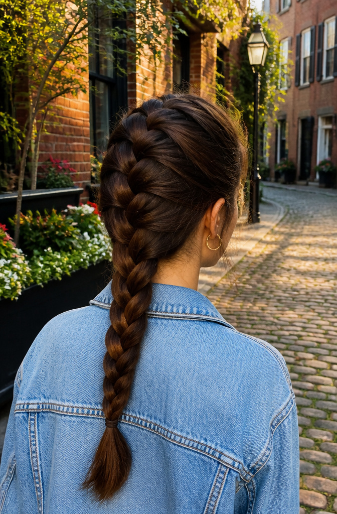 20 Pretty Hairstyles with Braids for 2026 2 Woman with thick hair styled in a Dutch braid on a cobblestone path.