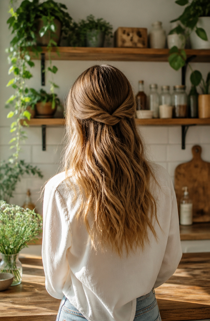 20 Easy Hairstyle Ideas You Can Do in Minutes (2026) 2 A model with a half-up, half-down hairstyle featuring twisted sections.