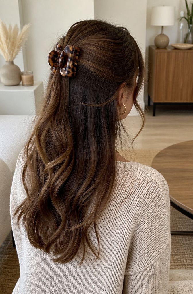 10 Hair Clips Hairstyles for 2026: French Twist, Half-Up, Bun & More 2 Half-up hairstyle with hair pulled back and secured by a claw clip.