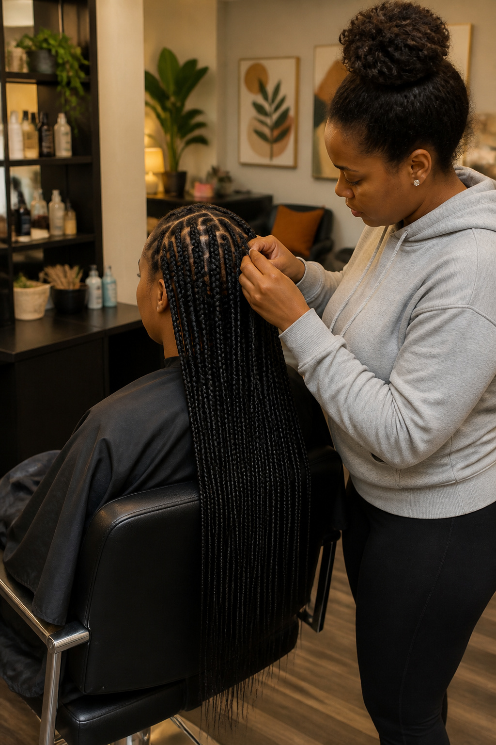 A Black woman receiving knotless braids in a softly lit salon.