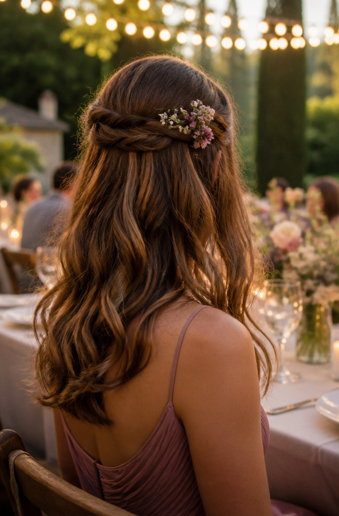 12 Bridesmaid Hairdo Ideas for 2026: Updos, Braids, Waves & More 2 Bridesmaid with half-up, half-down hairstyle and cascading curls.