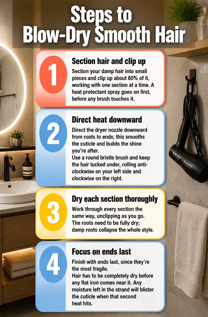 An information image detailing steps for blow-drying smooth hair.