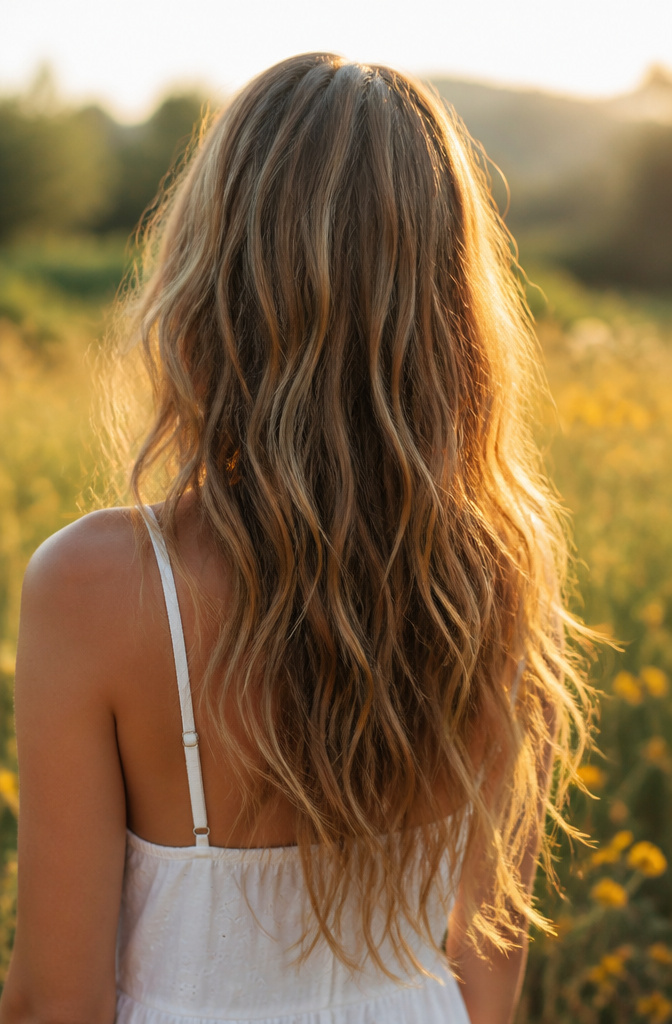 A model with tousled waves in an outdoor setting.