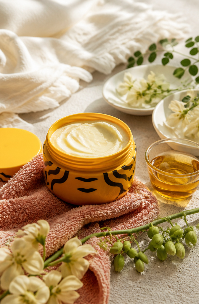 An open tub of Pattern by Tracee Ellis Ross Treatment Mask on a pastel towel.