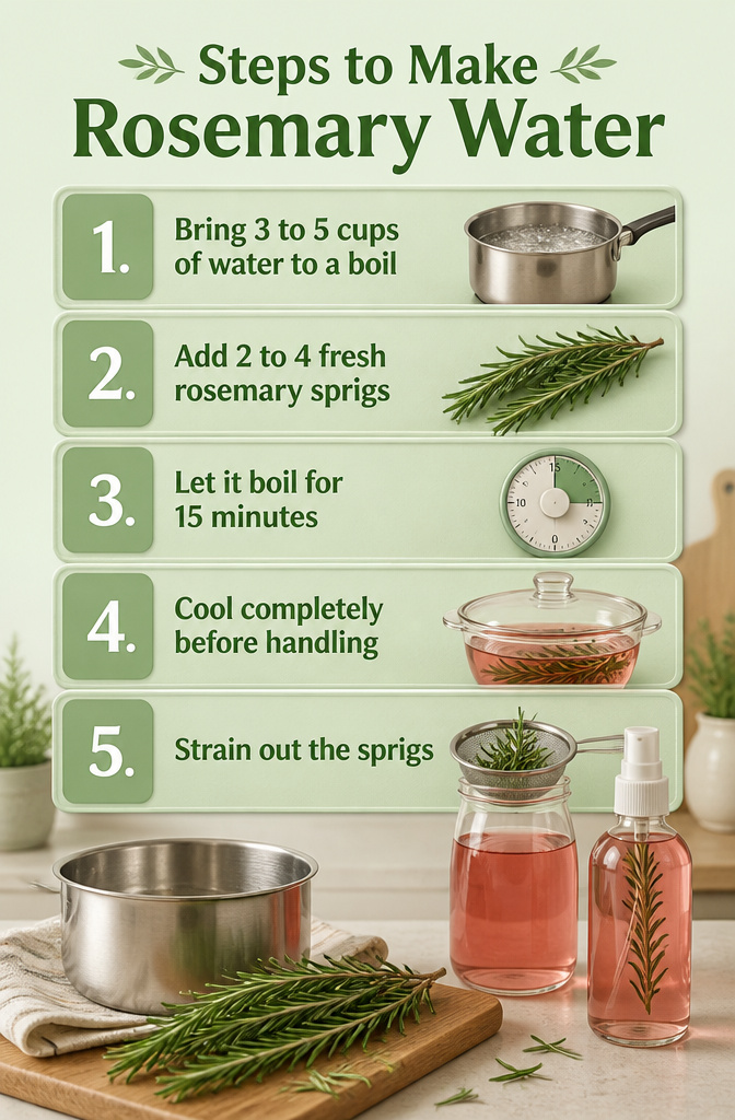 Rosemary Water for Hair Growth: How to Make and Use It at Home 2 An infographic showing steps to make rosemary water.