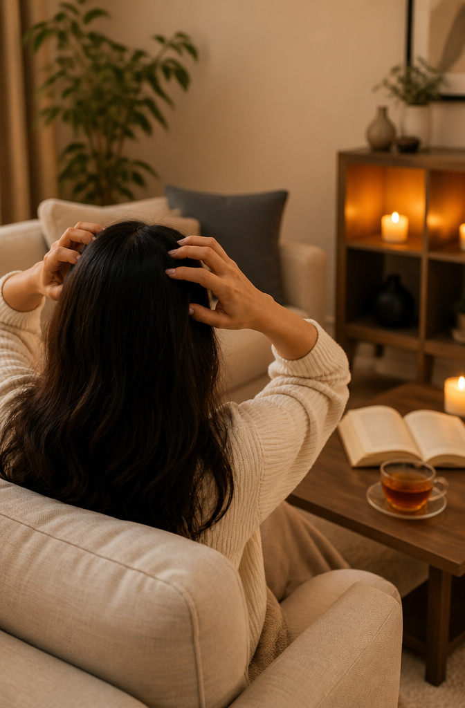 Scalp Massage for Hair Growth: Methods, Tools & Techniques 2 Person tapping their scalp with fingertips in a cozy living room.