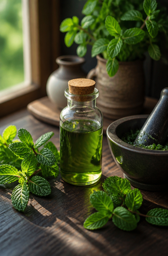 Dark bottle of peppermint oil next to fresh peppermint leaves.