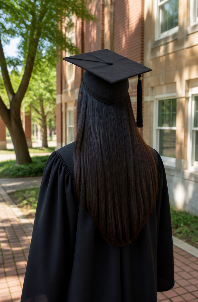 20 Down Hairstyles for Graduation That Work with a Cap 2 Graduate with long, straight hair falling neatly beneath her mortarboard cap.