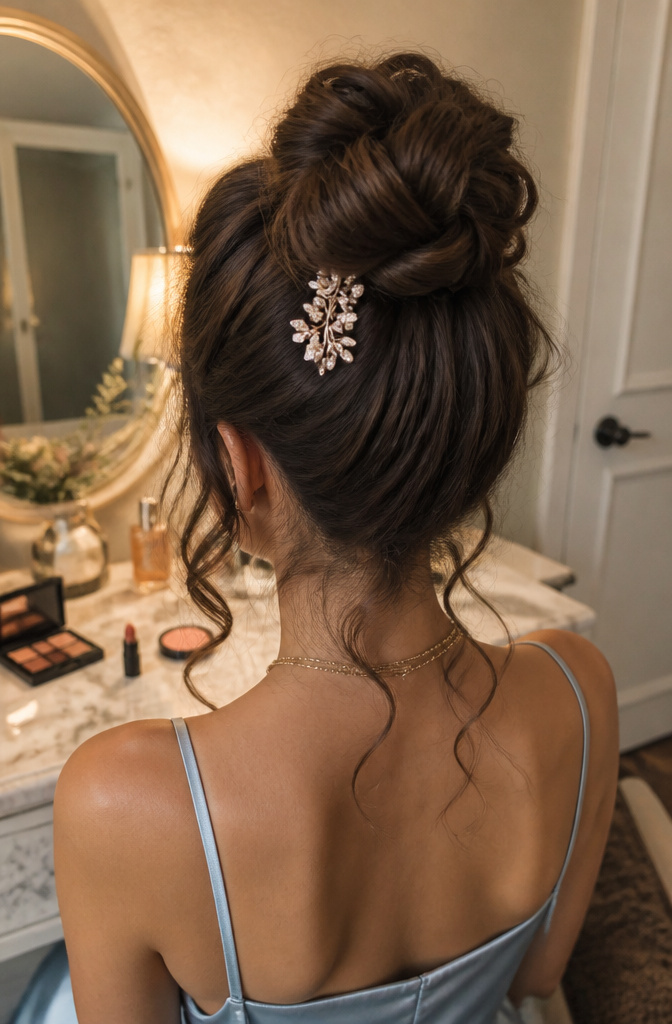 20 Prom Hairstyles for Long Hair: Ideas for 2026 2 A bun hairstyle with face-framing curls around the face.