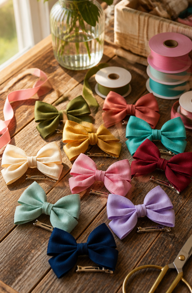 DIY Hair Clips: 12 Ideas for Statement, Bow, Beaded and More 2 Collection of colorful ribbon bow clips on a wooden tabletop with crafting supplies.