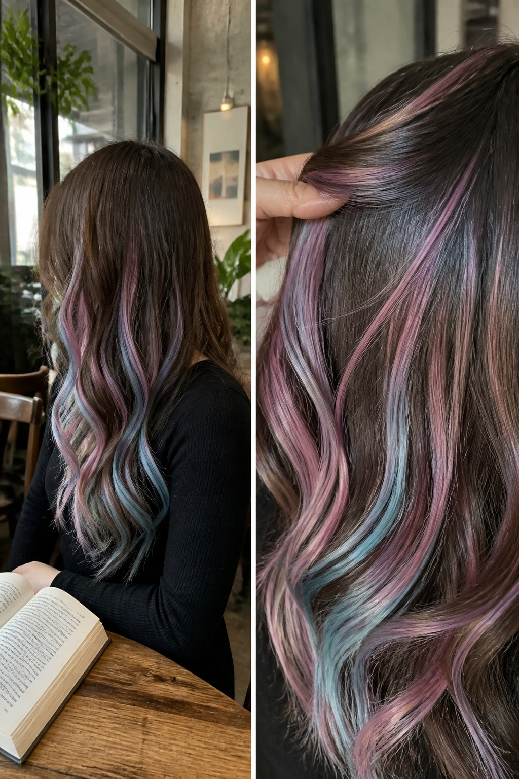 Best Holographic Hair Ideas: Colors, Styles and Techniques for 2026 2 Close-up of holographic highlights on dark hair with pastel tones.