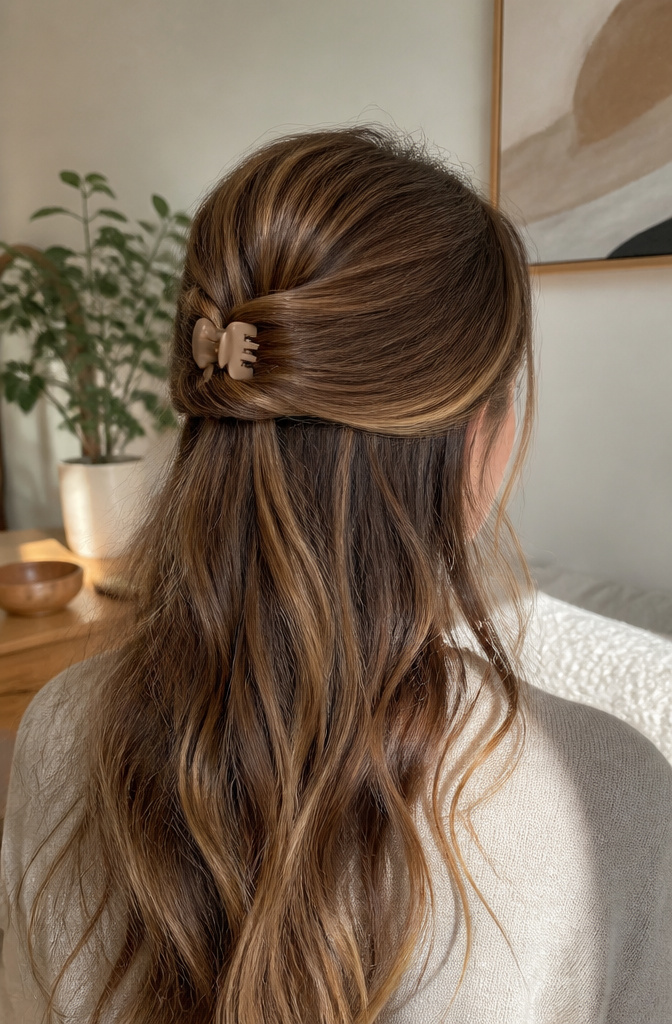 5 Mini Clip Hairstyles for Quick Styling in 2026 2 Close-up of a half-up twist held with a mini claw clip.